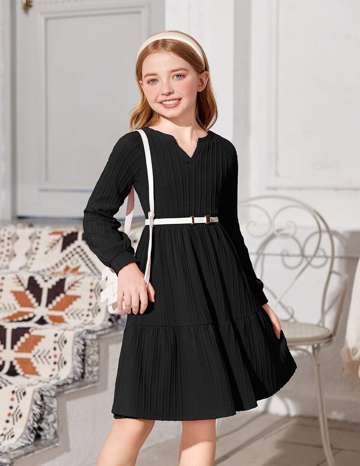 imageArshiner Girls Dresses Lantern Long Sleeve Textured Casual Dress with Pockets for 512 YearsBlack