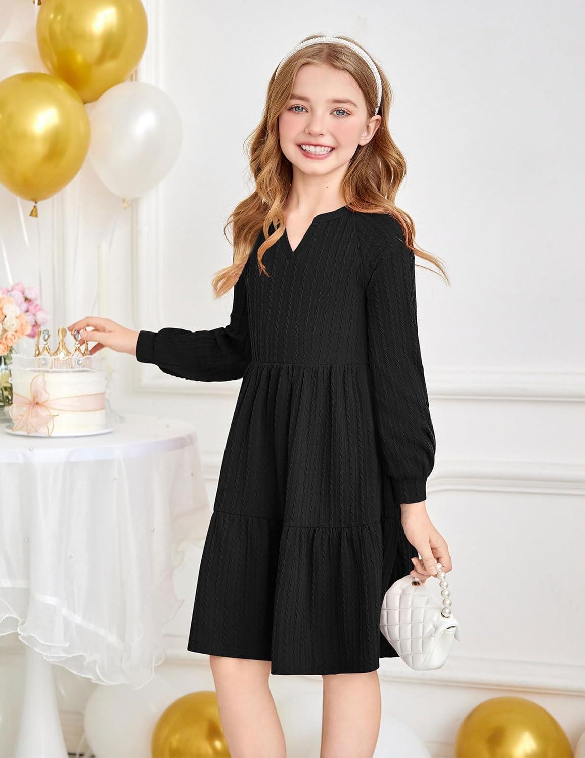 imageArshiner Girls Dresses Lantern Long Sleeve Textured Casual Dress with Pockets for 512 YearsBlack