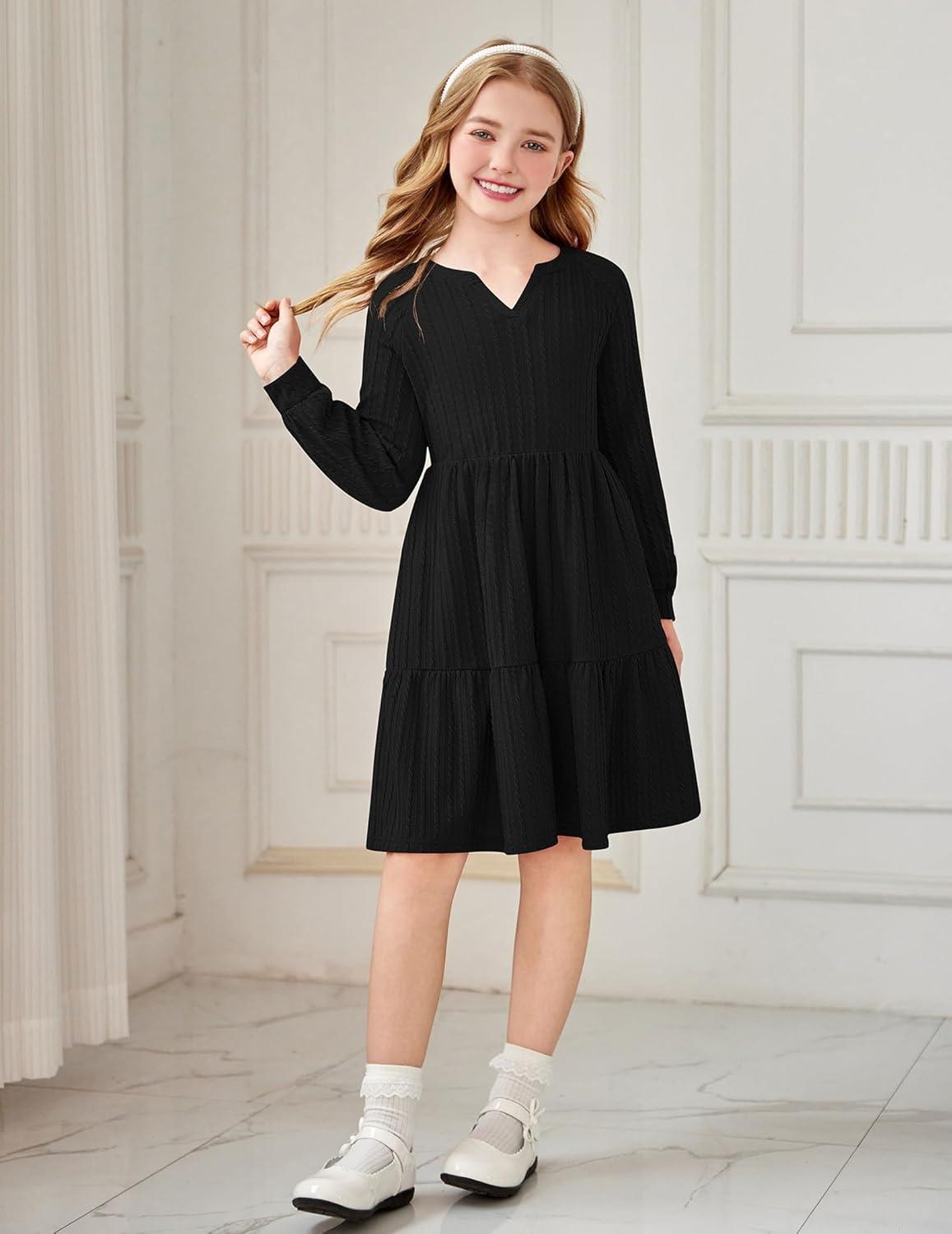 imageArshiner Girls Dresses Lantern Long Sleeve Textured Casual Dress with Pockets for 512 YearsBlack