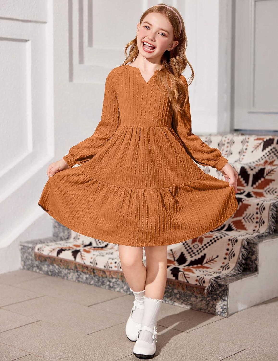 imageArshiner Girls Dresses Lantern Long Sleeve Textured Casual Dress with Pockets for 512 YearsBurnt Orange