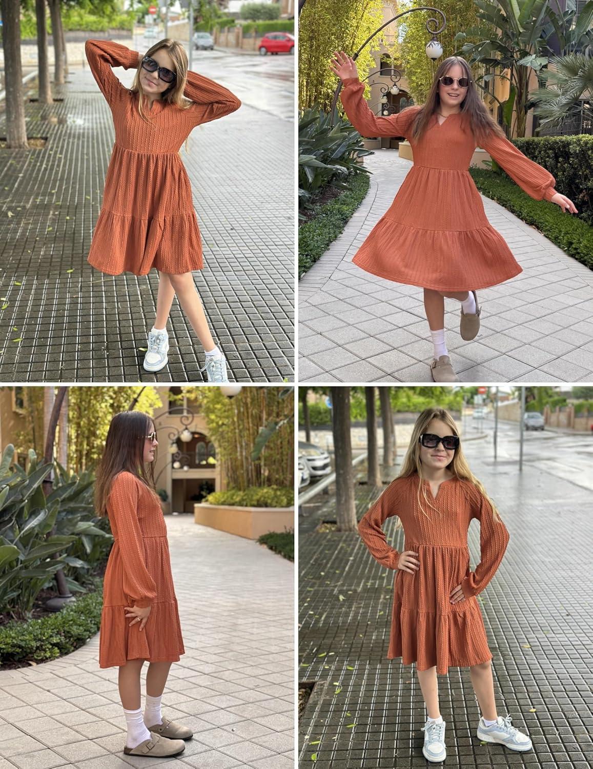 imageArshiner Girls Dresses Lantern Long Sleeve Textured Casual Dress with Pockets for 512 YearsBurnt Orange