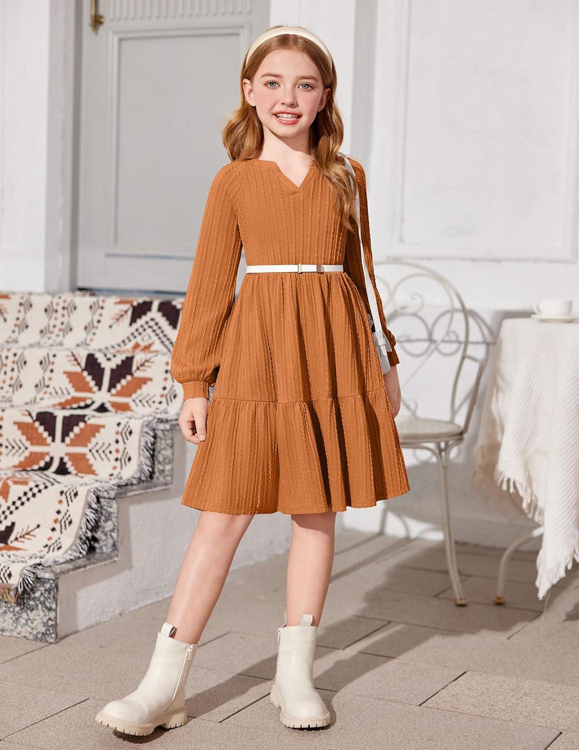 imageArshiner Girls Dresses Lantern Long Sleeve Textured Casual Dress with Pockets for 512 YearsBurnt Orange
