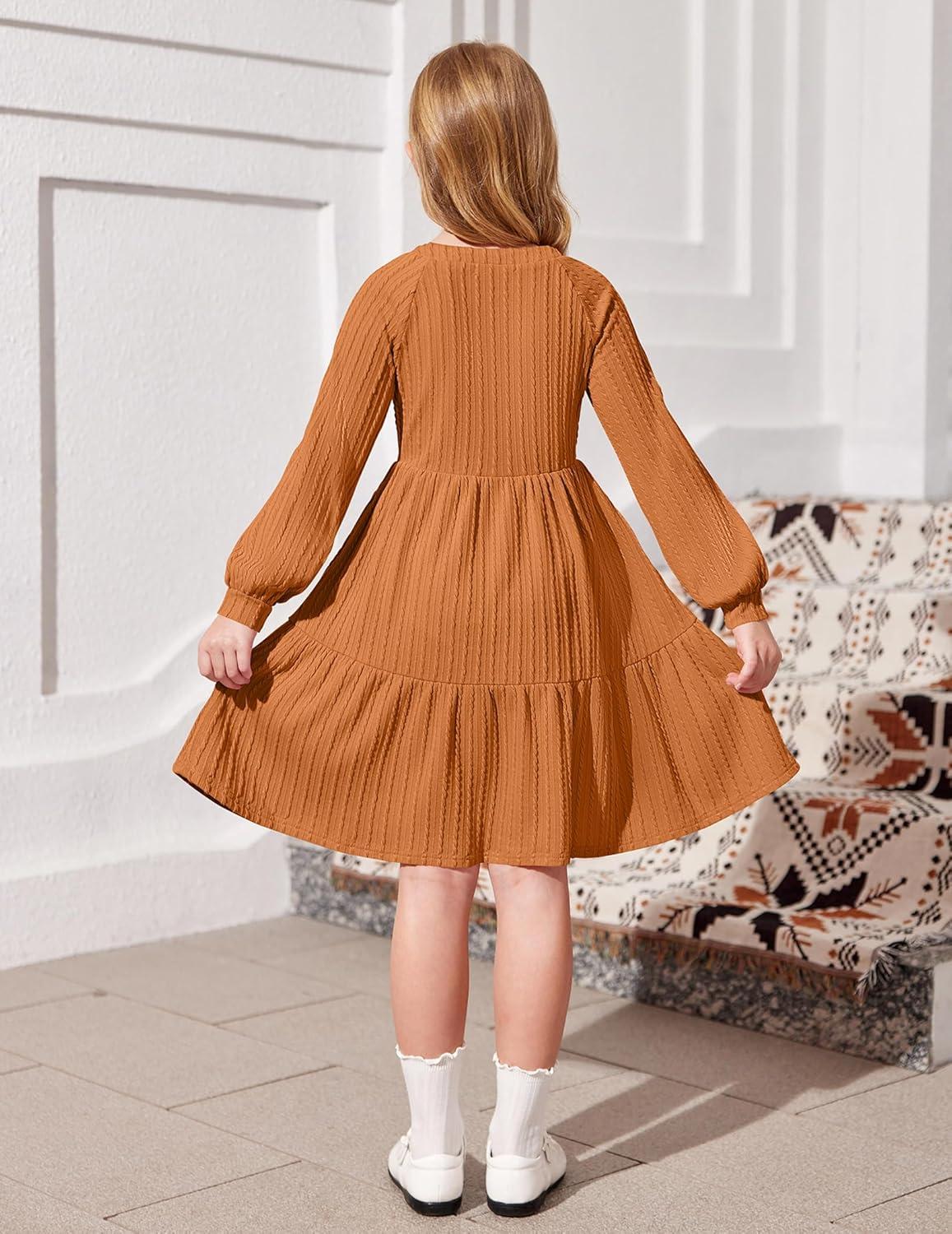 imageArshiner Girls Dresses Lantern Long Sleeve Textured Casual Dress with Pockets for 512 YearsBurnt Orange