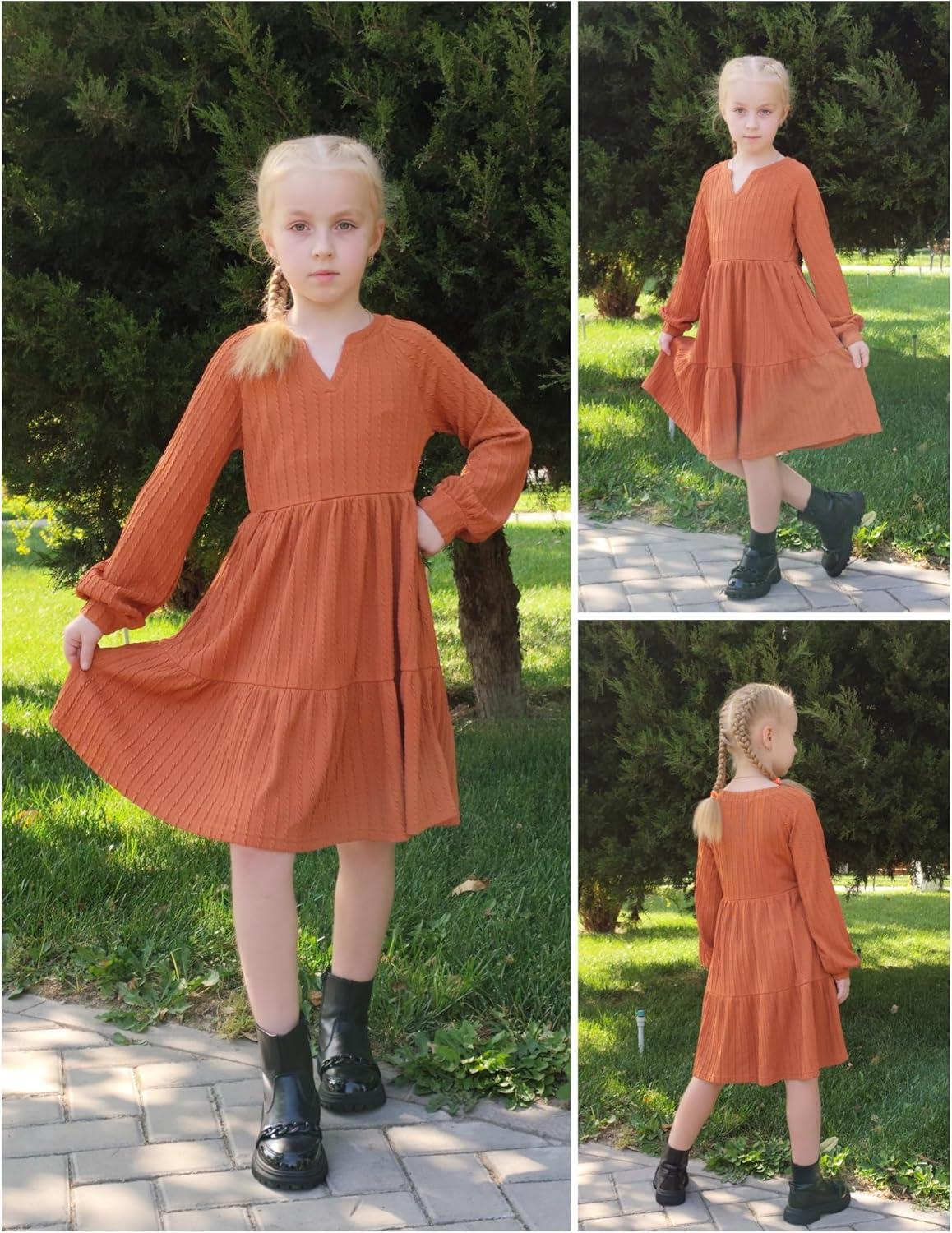 imageArshiner Girls Dresses Lantern Long Sleeve Textured Casual Dress with Pockets for 512 YearsBurnt Orange