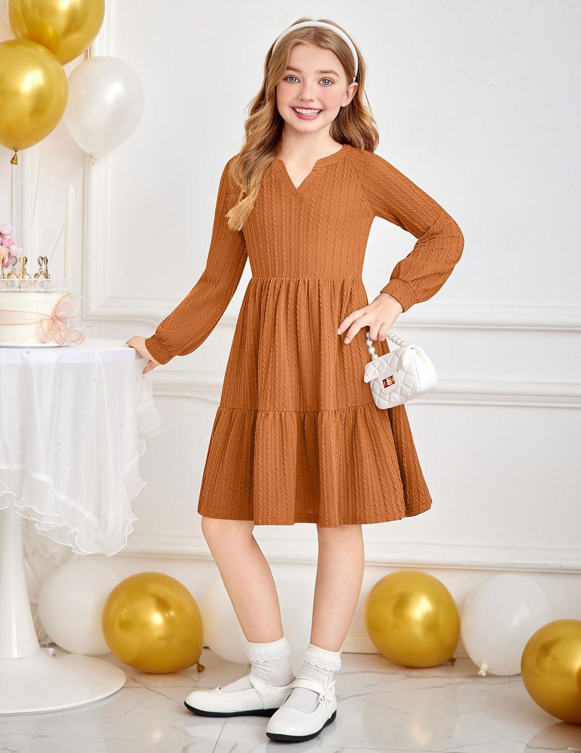 imageArshiner Girls Dresses Lantern Long Sleeve Textured Casual Dress with Pockets for 512 YearsBurnt Orange