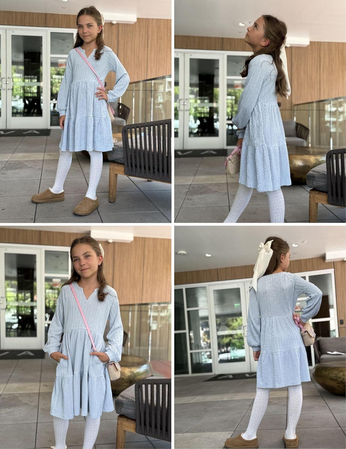 imageArshiner Girls Dresses Lantern Long Sleeve Textured Casual Dress with Pockets for 512 YearsLight Blue