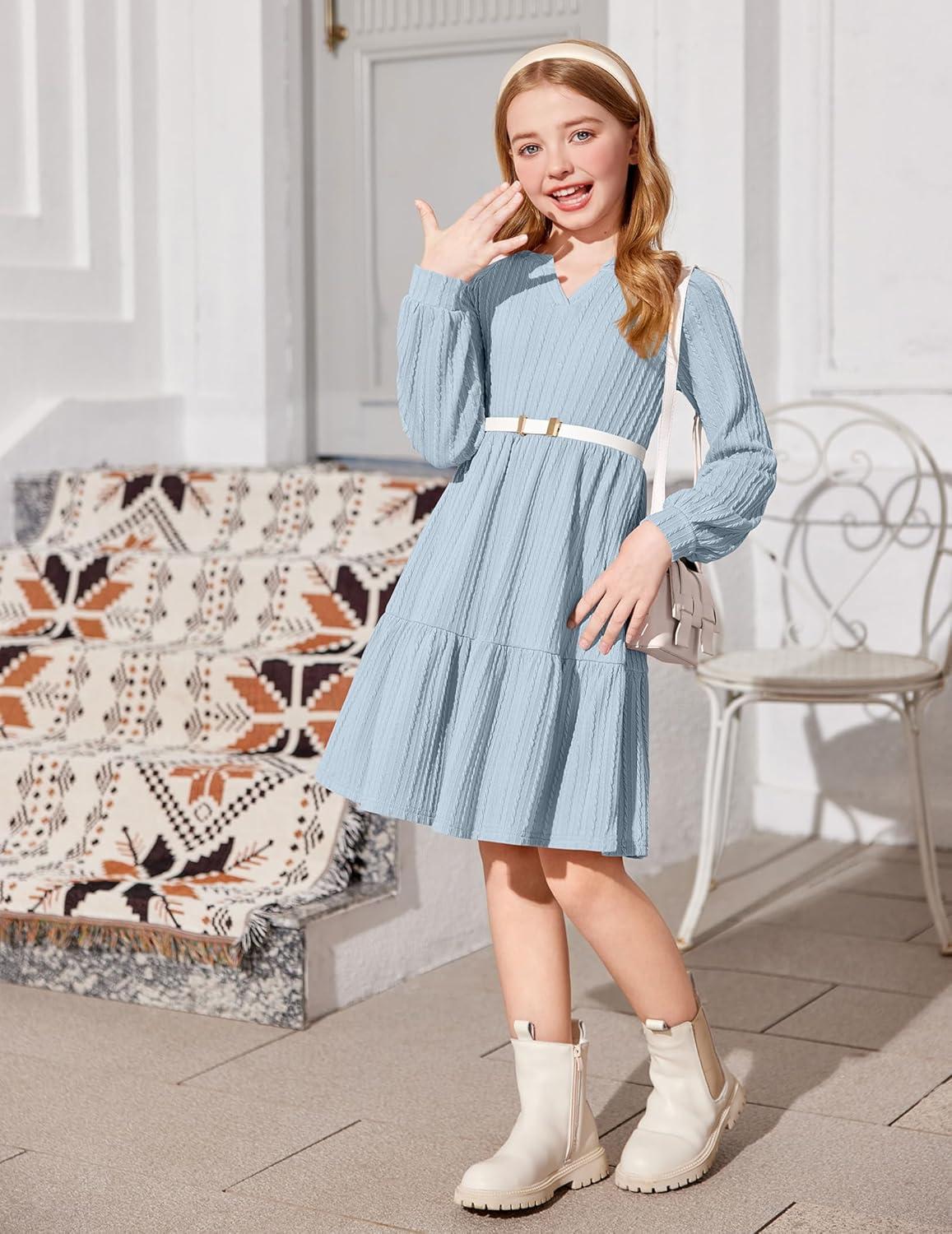 imageArshiner Girls Dresses Lantern Long Sleeve Textured Casual Dress with Pockets for 512 YearsLight Blue