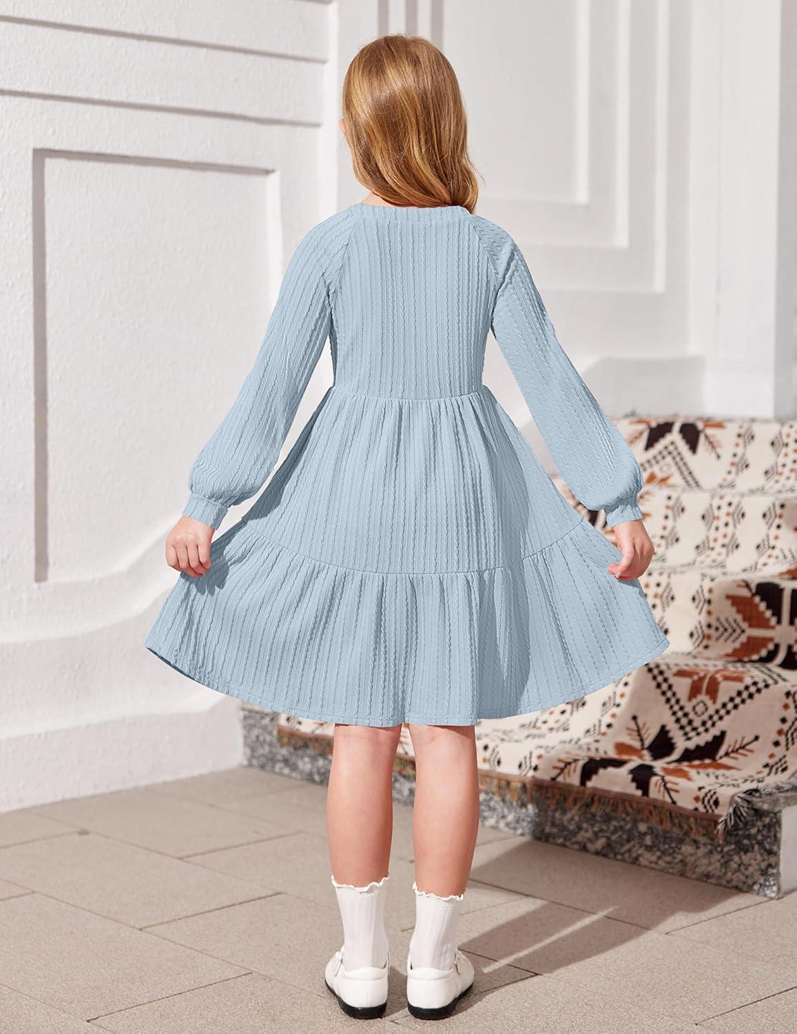 imageArshiner Girls Dresses Lantern Long Sleeve Textured Casual Dress with Pockets for 512 YearsLight Blue