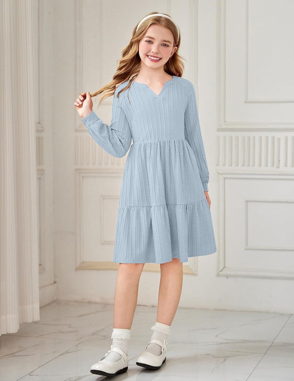 imageArshiner Girls Dresses Lantern Long Sleeve Textured Casual Dress with Pockets for 512 YearsLight Blue