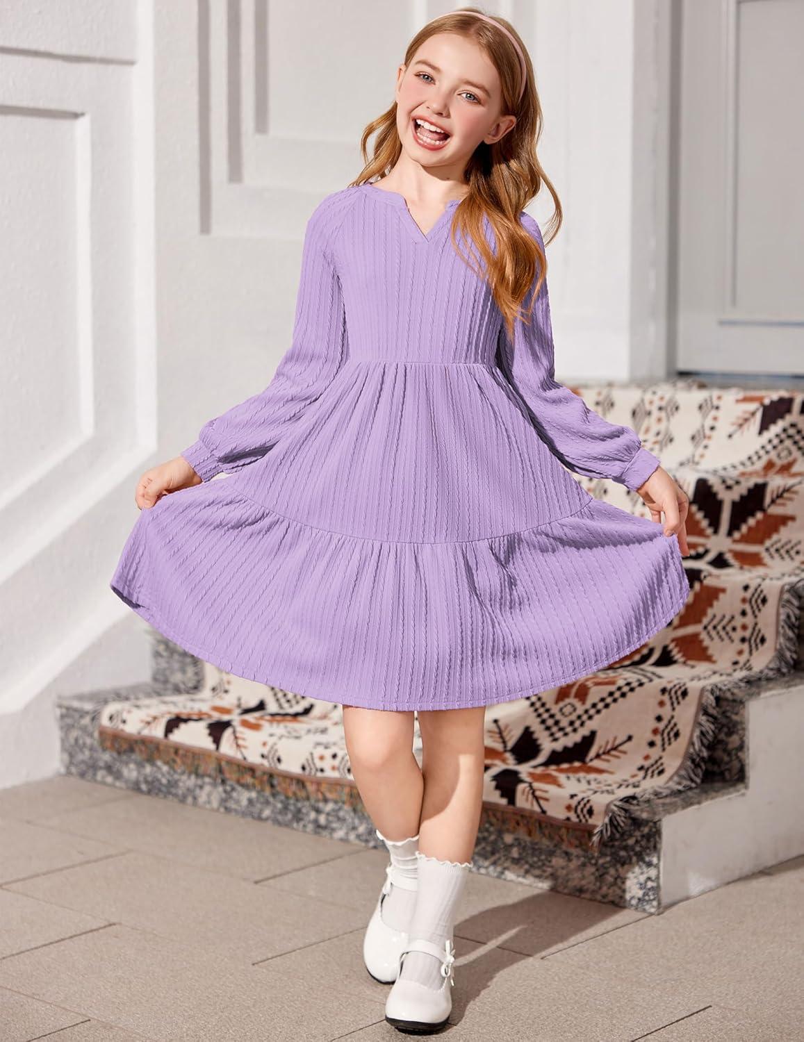 imageArshiner Girls Dresses Lantern Long Sleeve Textured Casual Dress with Pockets for 512 YearsLight Purple