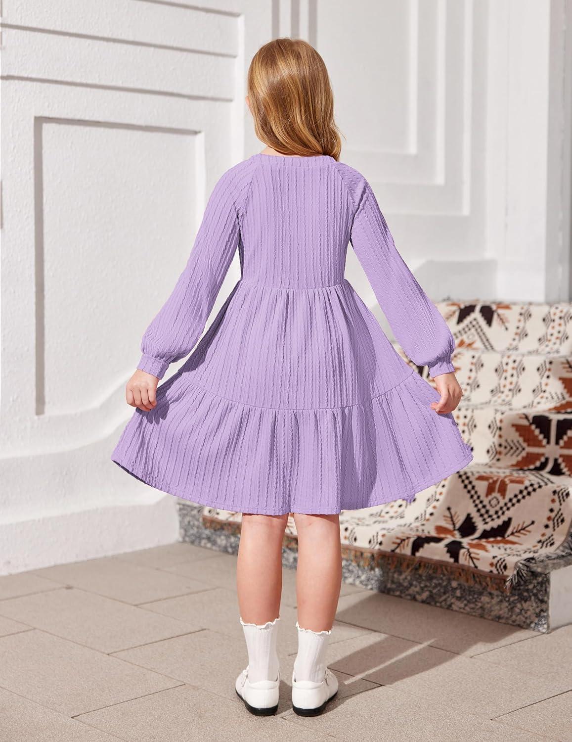 imageArshiner Girls Dresses Lantern Long Sleeve Textured Casual Dress with Pockets for 512 YearsLight Purple