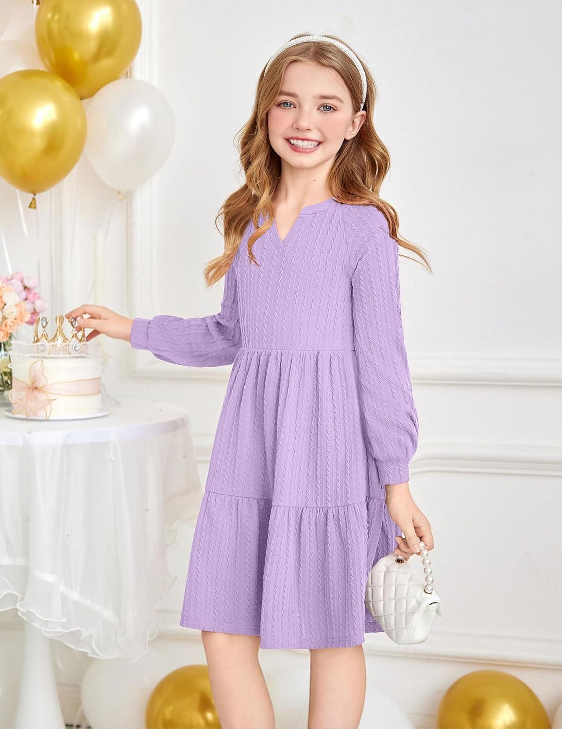 imageArshiner Girls Dresses Lantern Long Sleeve Textured Casual Dress with Pockets for 512 YearsLight Purple