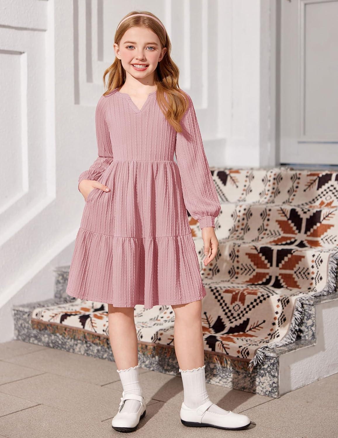 imageArshiner Girls Dresses Lantern Long Sleeve Textured Casual Dress with Pockets for 512 YearsPink