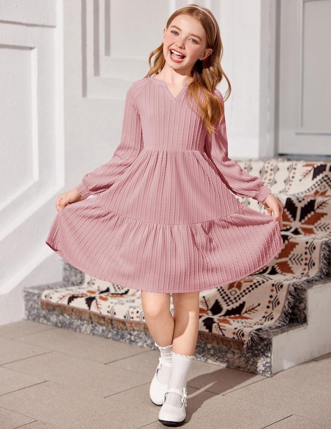 imageArshiner Girls Dresses Lantern Long Sleeve Textured Casual Dress with Pockets for 512 YearsPink