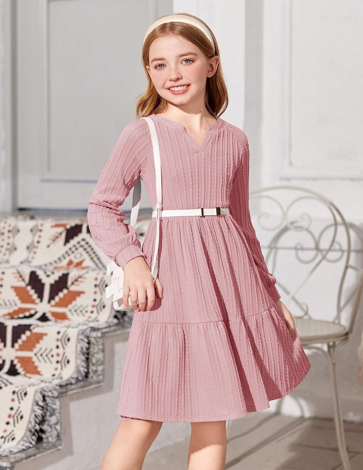 imageArshiner Girls Dresses Lantern Long Sleeve Textured Casual Dress with Pockets for 512 YearsPink