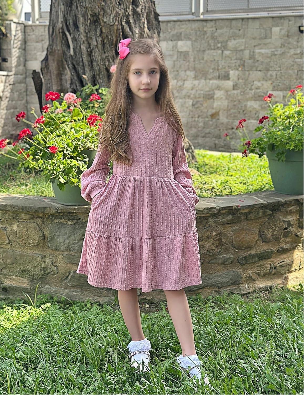 imageArshiner Girls Dresses Lantern Long Sleeve Textured Casual Dress with Pockets for 512 YearsPink