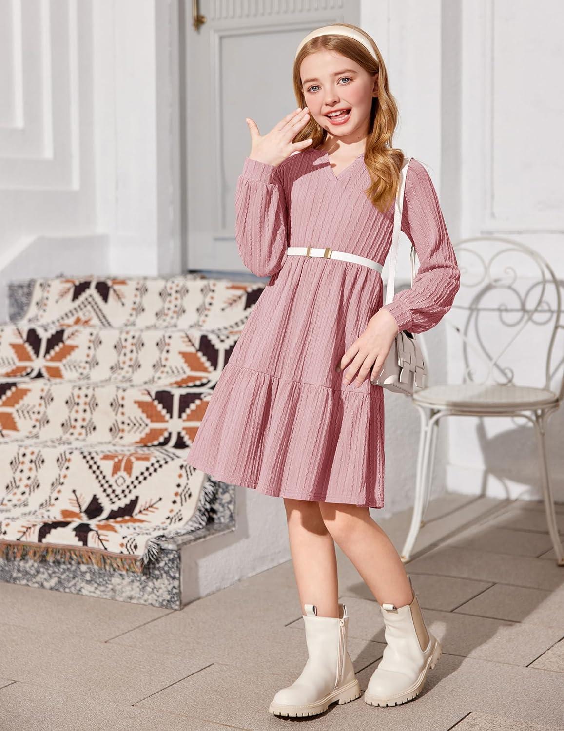 imageArshiner Girls Dresses Lantern Long Sleeve Textured Casual Dress with Pockets for 512 YearsPink