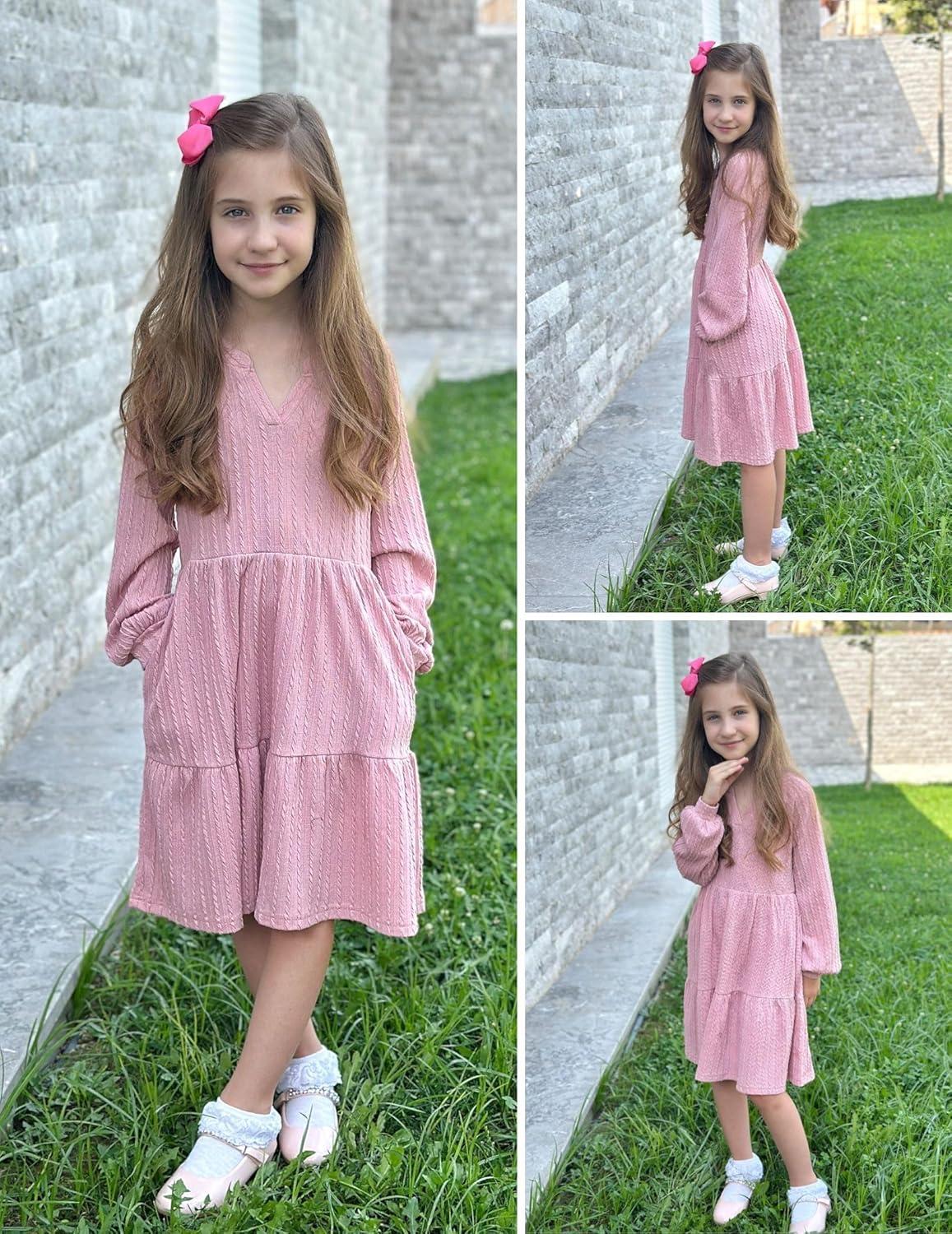 imageArshiner Girls Dresses Lantern Long Sleeve Textured Casual Dress with Pockets for 512 YearsPink