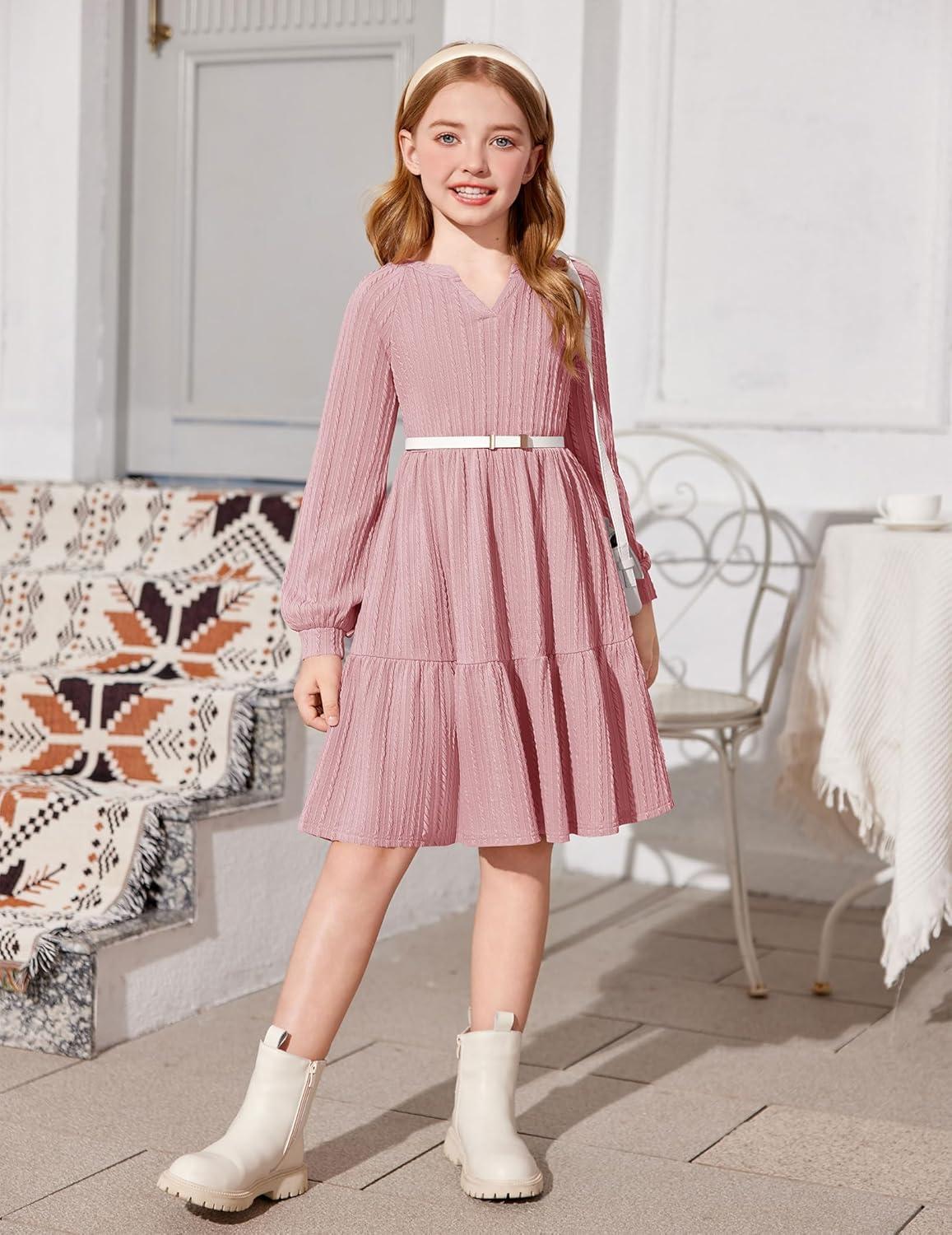 imageArshiner Girls Dresses Lantern Long Sleeve Textured Casual Dress with Pockets for 512 YearsPink