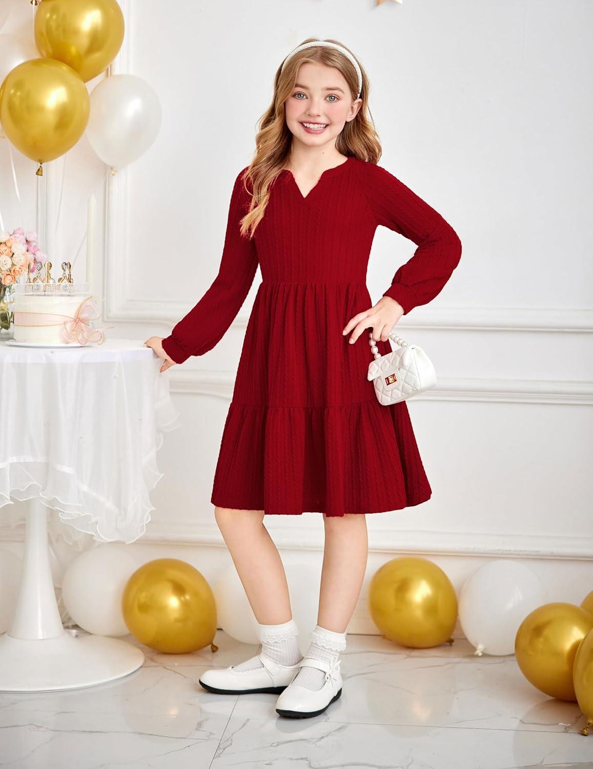 imageArshiner Girls Dresses Lantern Long Sleeve Textured Casual Dress with Pockets for 512 YearsRed