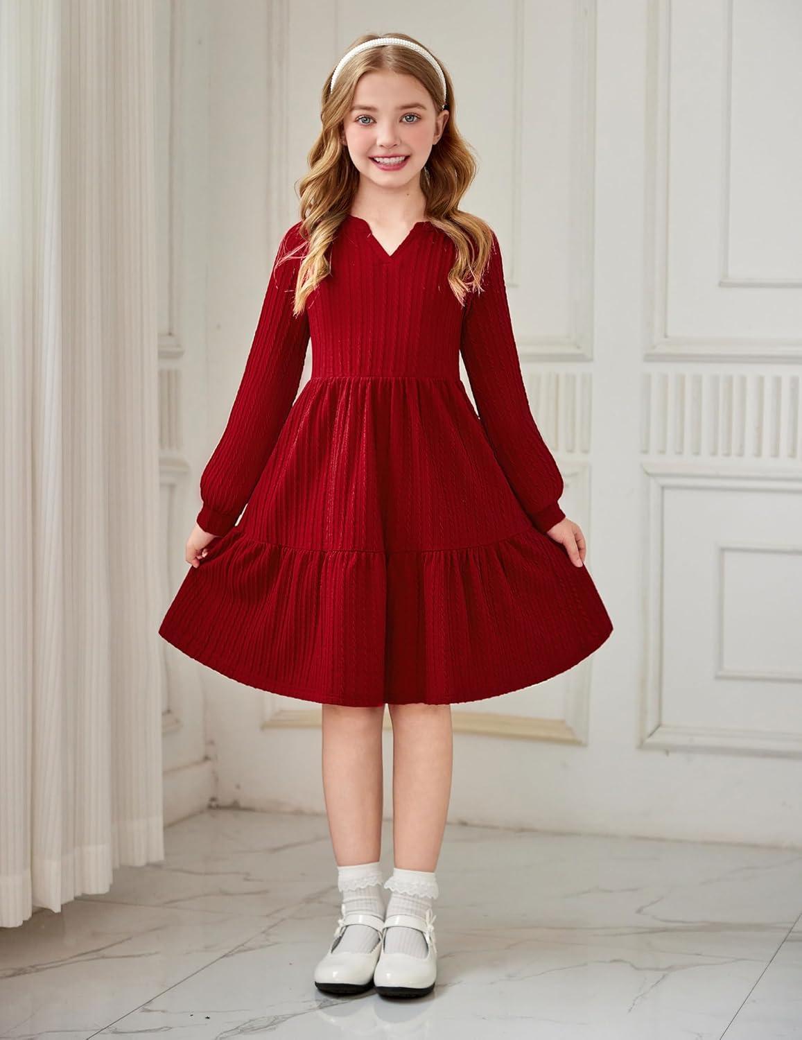 imageArshiner Girls Dresses Lantern Long Sleeve Textured Casual Dress with Pockets for 512 YearsRed
