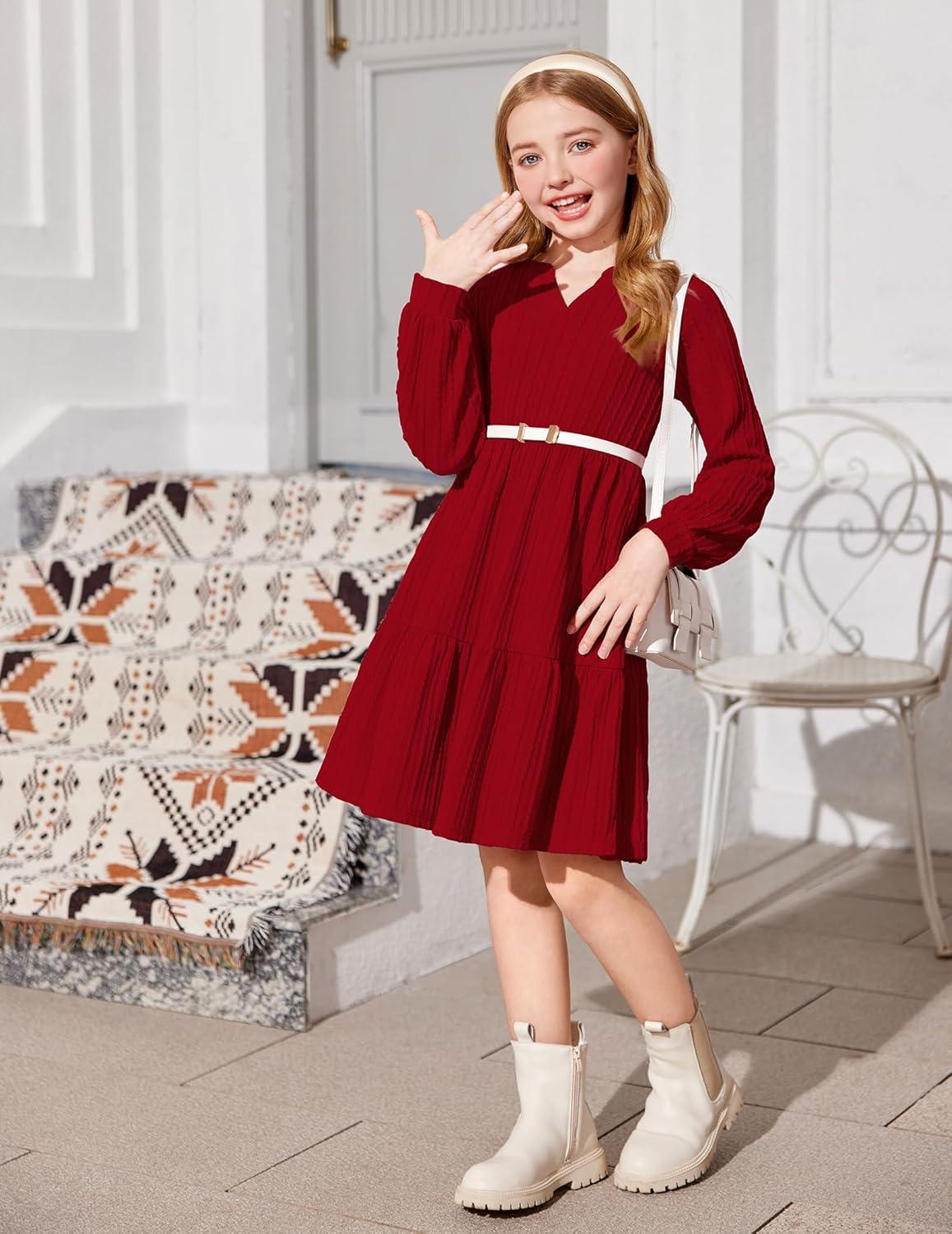imageArshiner Girls Dresses Lantern Long Sleeve Textured Casual Dress with Pockets for 512 YearsRed
