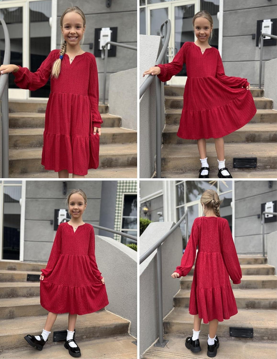 imageArshiner Girls Dresses Lantern Long Sleeve Textured Casual Dress with Pockets for 512 YearsRed
