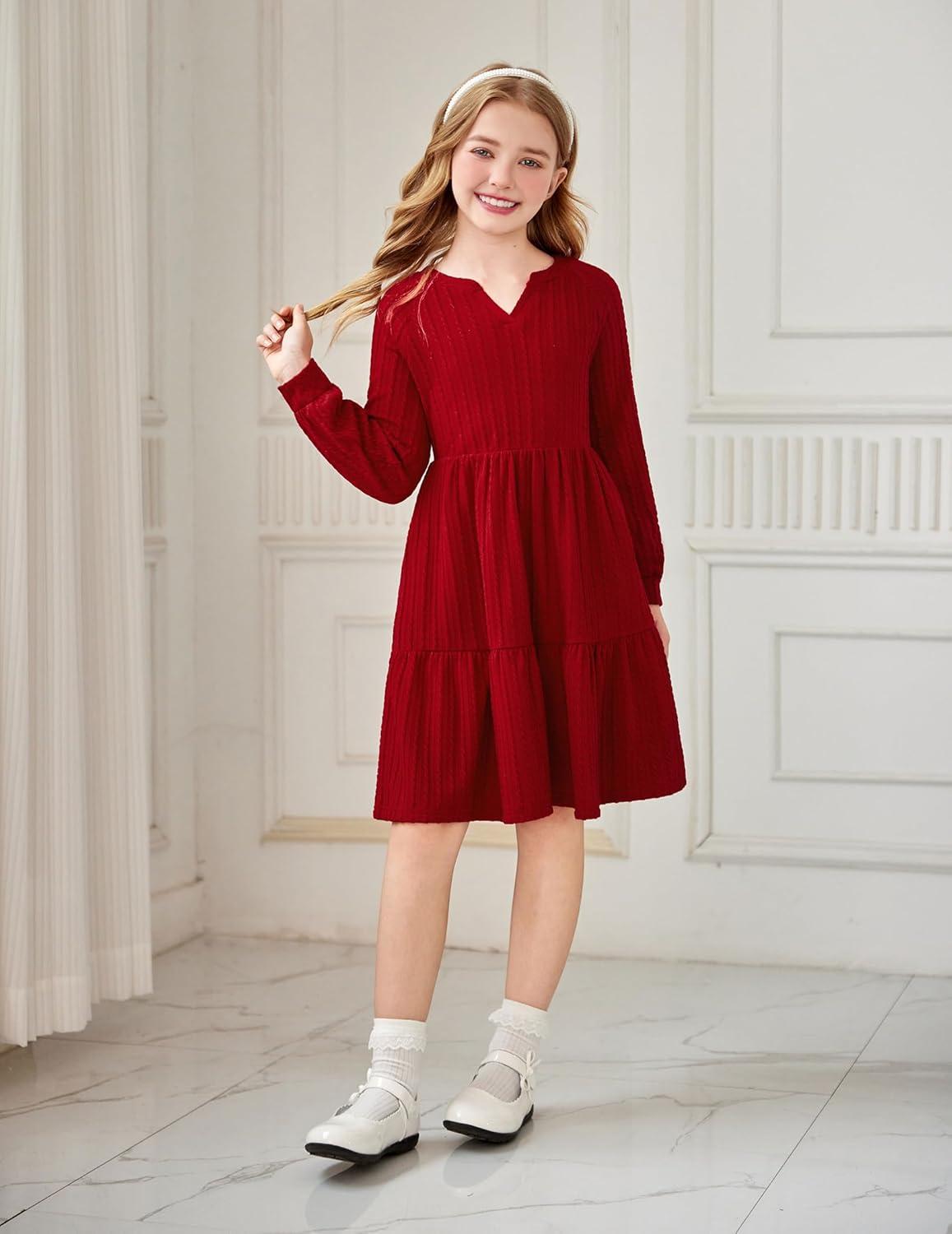 imageArshiner Girls Dresses Lantern Long Sleeve Textured Casual Dress with Pockets for 512 YearsRed