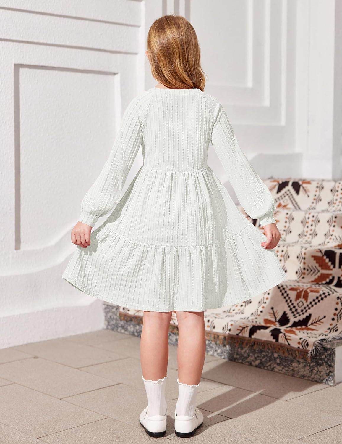 imageArshiner Girls Dresses Lantern Long Sleeve Textured Casual Dress with Pockets for 512 YearsWhite