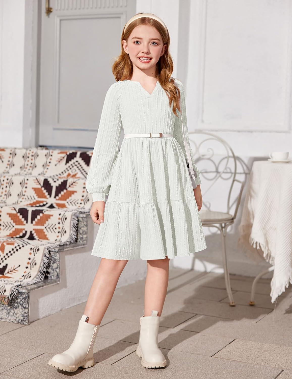imageArshiner Girls Dresses Lantern Long Sleeve Textured Casual Dress with Pockets for 512 YearsWhite