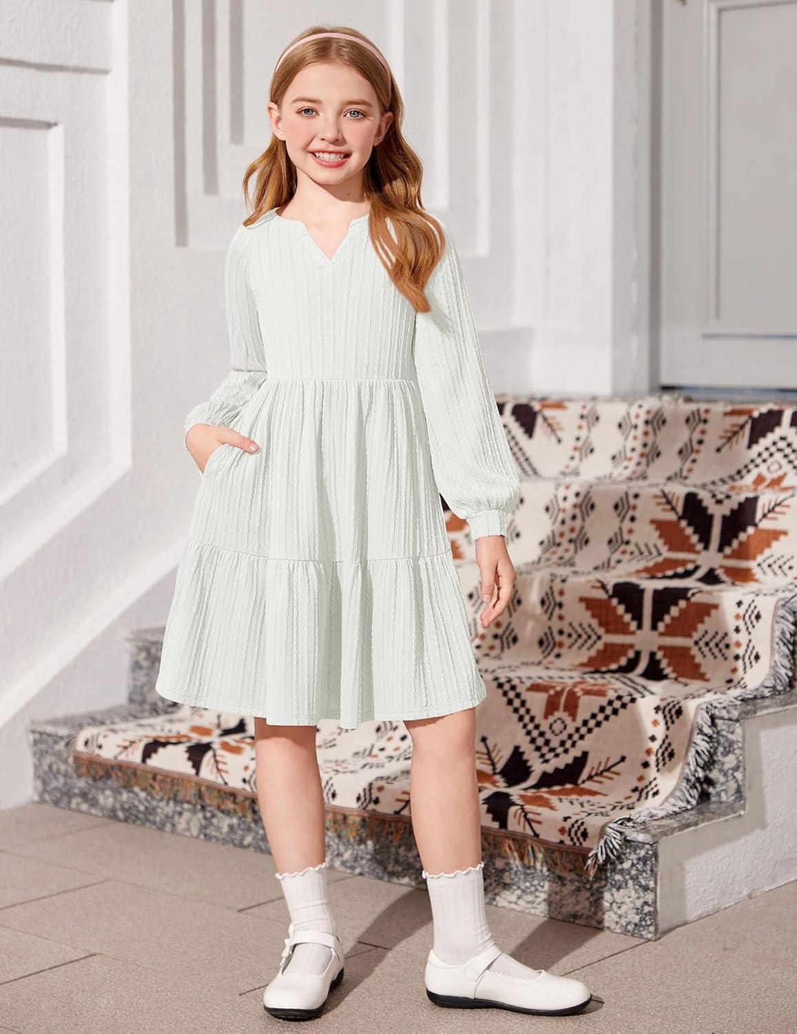imageArshiner Girls Dresses Lantern Long Sleeve Textured Casual Dress with Pockets for 512 YearsWhite