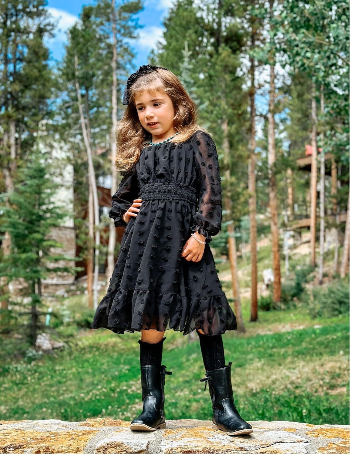 imageArshiner Girls Dresses Long Sleeve Square Neck Swiss Dot Flowy Casual Party DressBlack