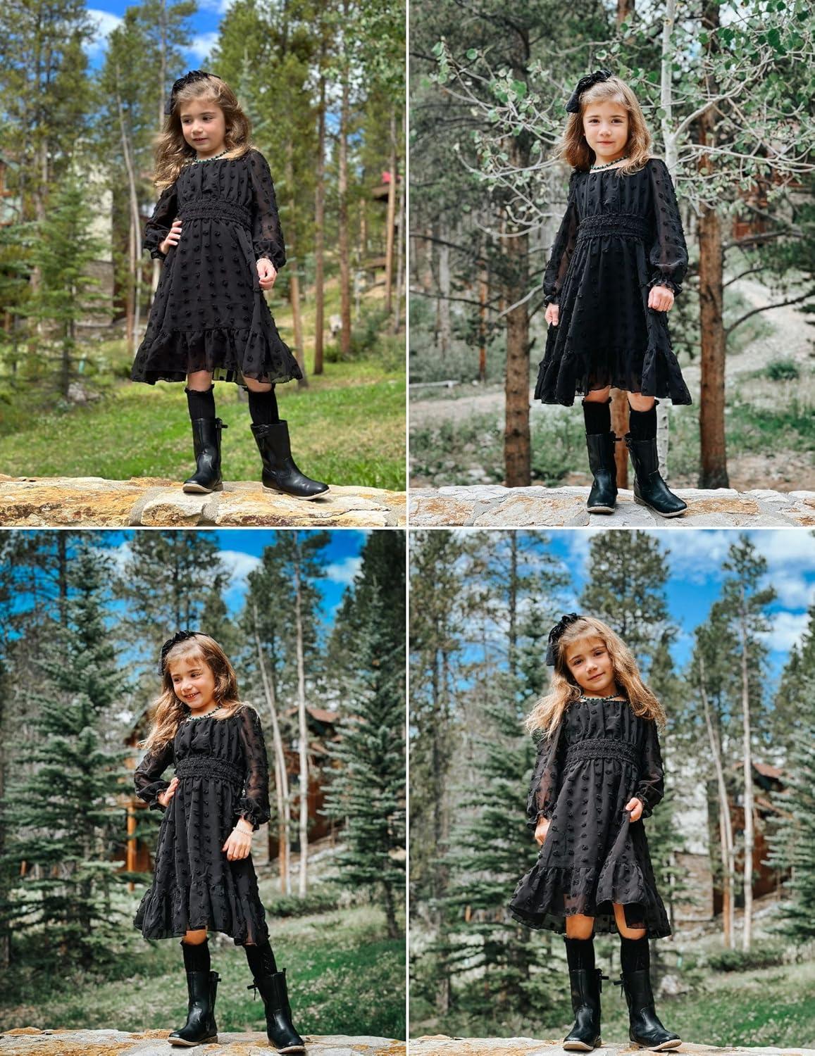 imageArshiner Girls Dresses Long Sleeve Square Neck Swiss Dot Flowy Casual Party DressBlack