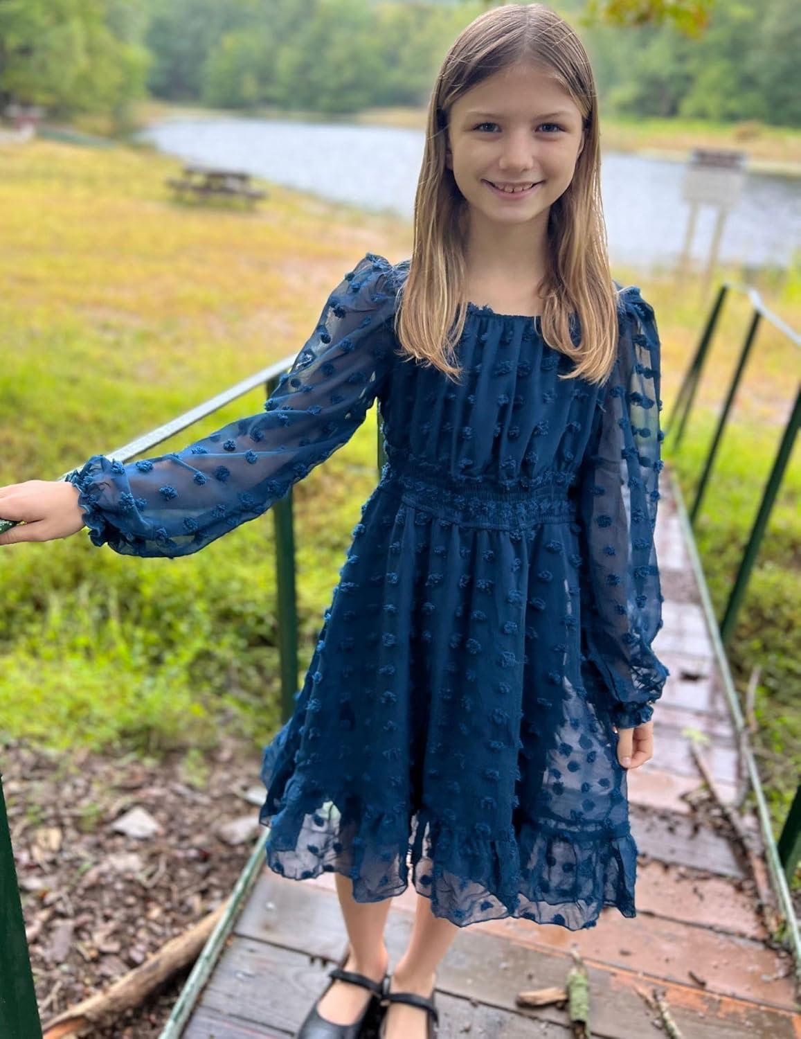 imageArshiner Girls Dresses Long Sleeve Square Neck Swiss Dot Flowy Casual Party DressBlue