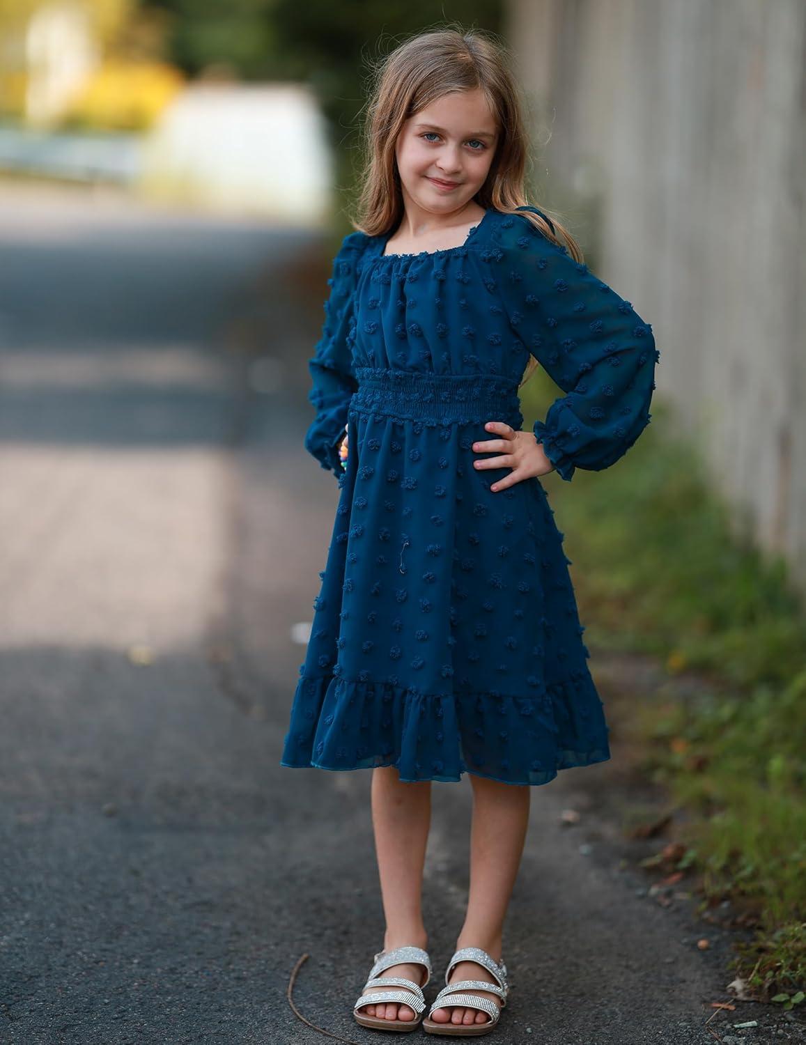 imageArshiner Girls Dresses Long Sleeve Square Neck Swiss Dot Flowy Casual Party DressBlue