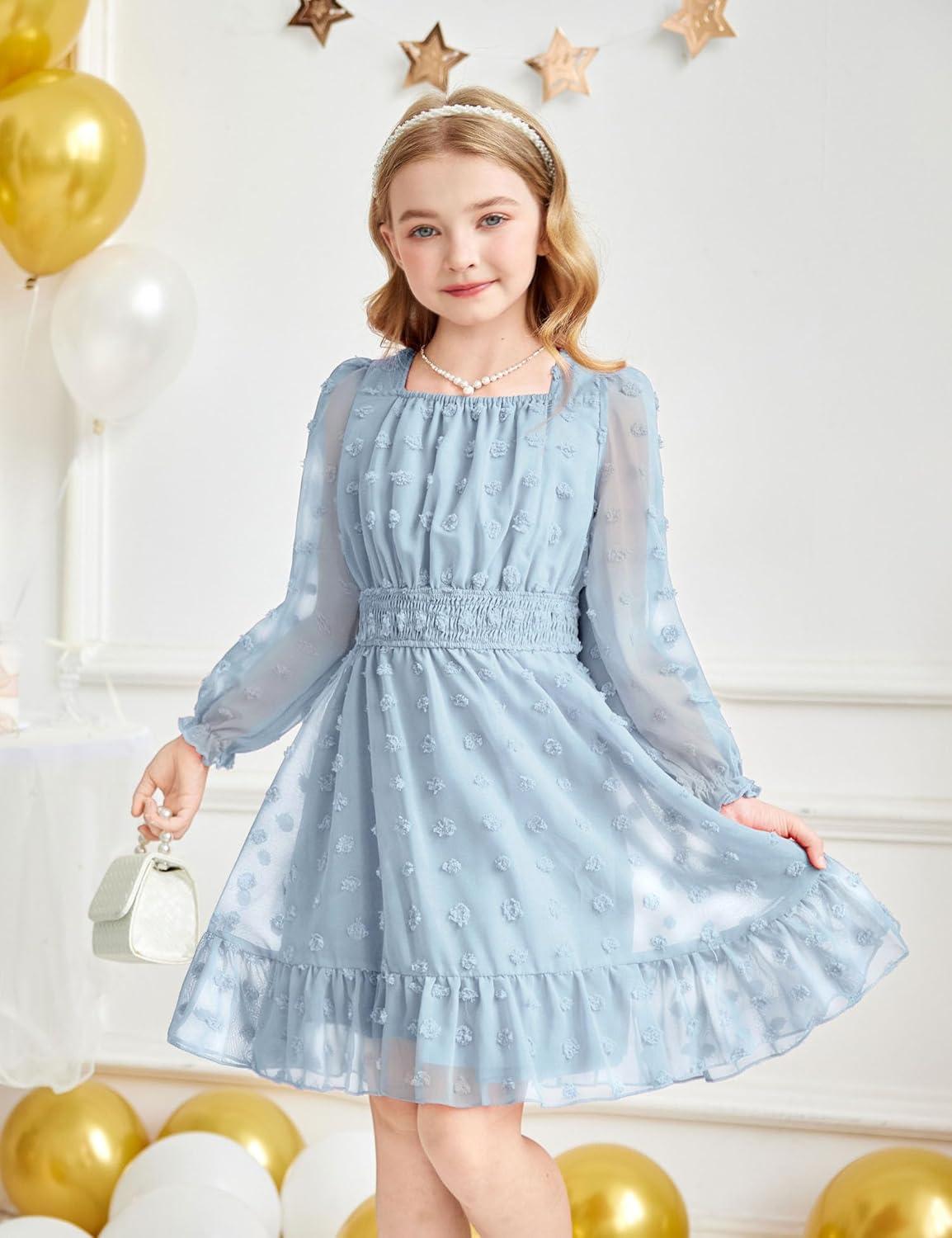imageArshiner Girls Dresses Long Sleeve Square Neck Swiss Dot Flowy Casual Party DressLight Blue