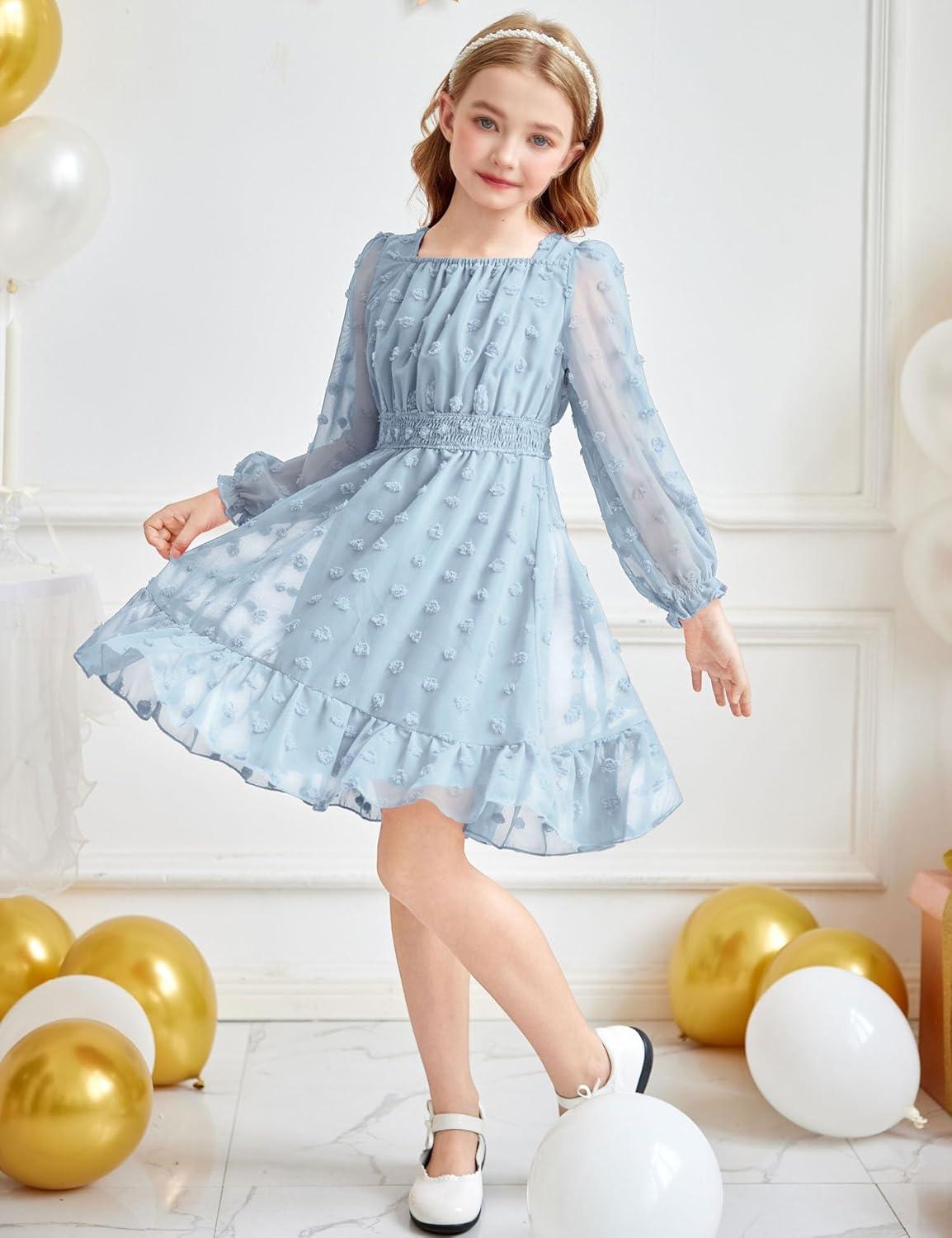 imageArshiner Girls Dresses Long Sleeve Square Neck Swiss Dot Flowy Casual Party DressLight Blue