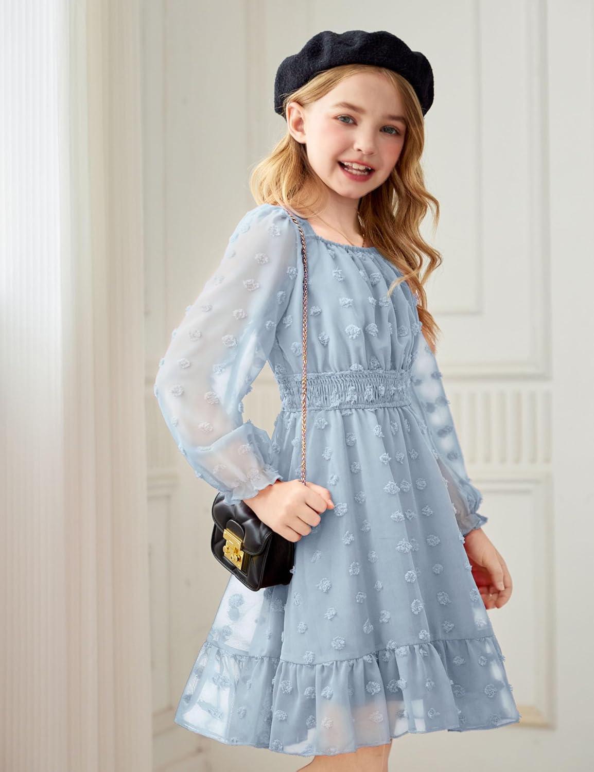 imageArshiner Girls Dresses Long Sleeve Square Neck Swiss Dot Flowy Casual Party DressLight Blue