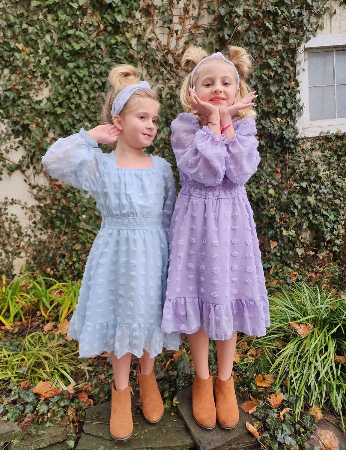 imageArshiner Girls Dresses Long Sleeve Square Neck Swiss Dot Flowy Casual Party DressLight Blue