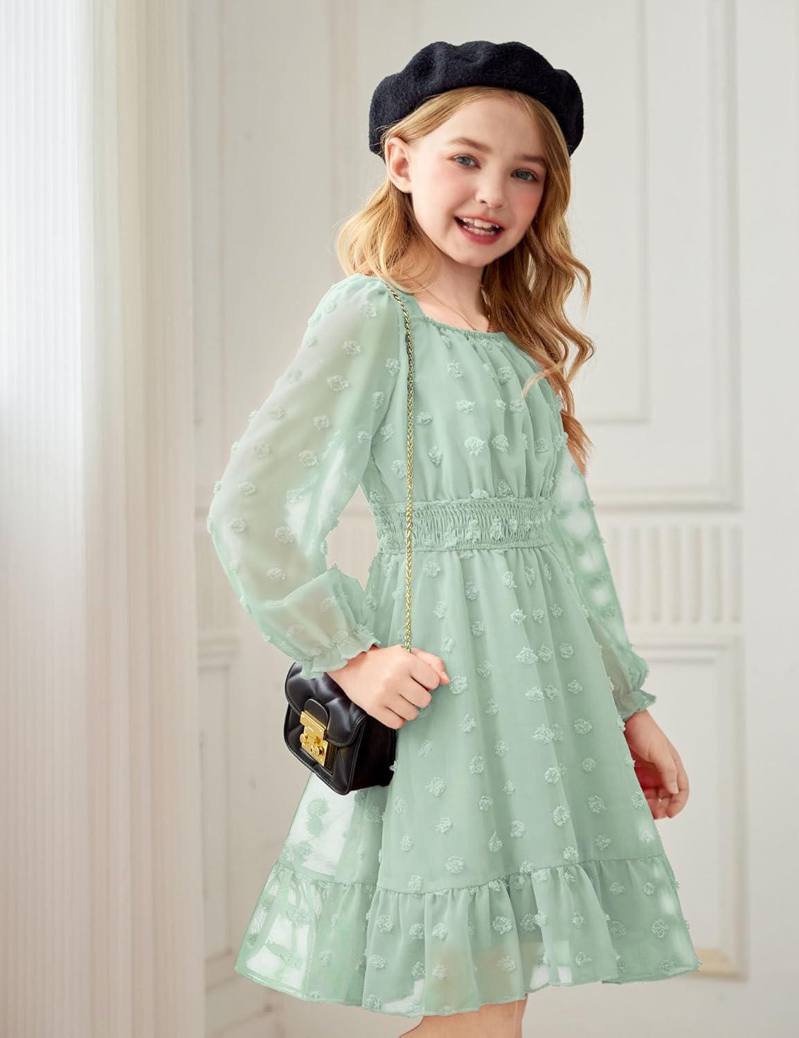 imageArshiner Girls Dresses Long Sleeve Square Neck Swiss Dot Flowy Casual Party DressLight Green