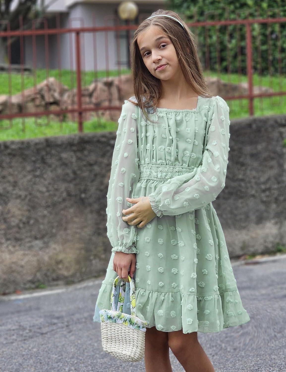 imageArshiner Girls Dresses Long Sleeve Square Neck Swiss Dot Flowy Casual Party DressLight Green