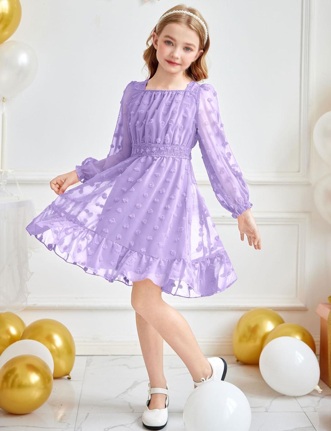 imageArshiner Girls Dresses Long Sleeve Square Neck Swiss Dot Flowy Casual Party DressPurple