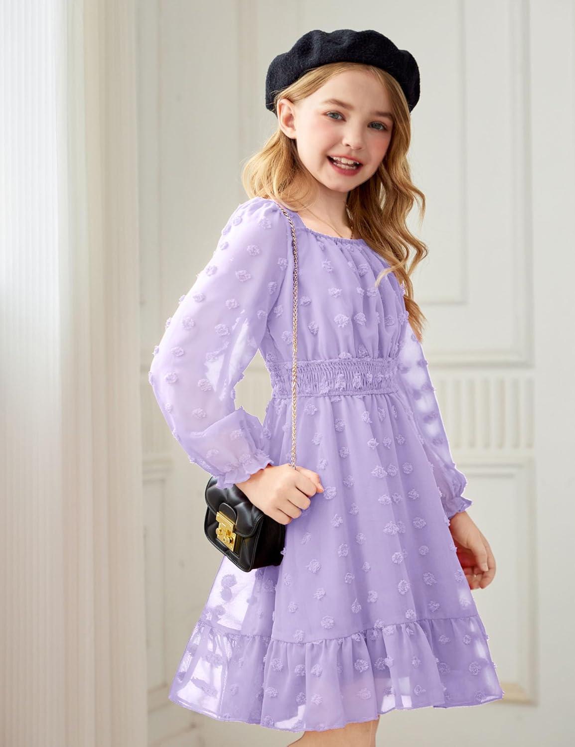 imageArshiner Girls Dresses Long Sleeve Square Neck Swiss Dot Flowy Casual Party DressPurple
