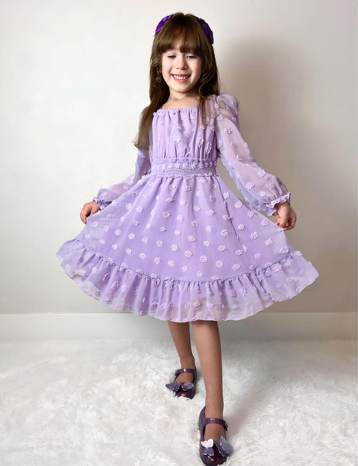 imageArshiner Girls Dresses Long Sleeve Square Neck Swiss Dot Flowy Casual Party DressPurple