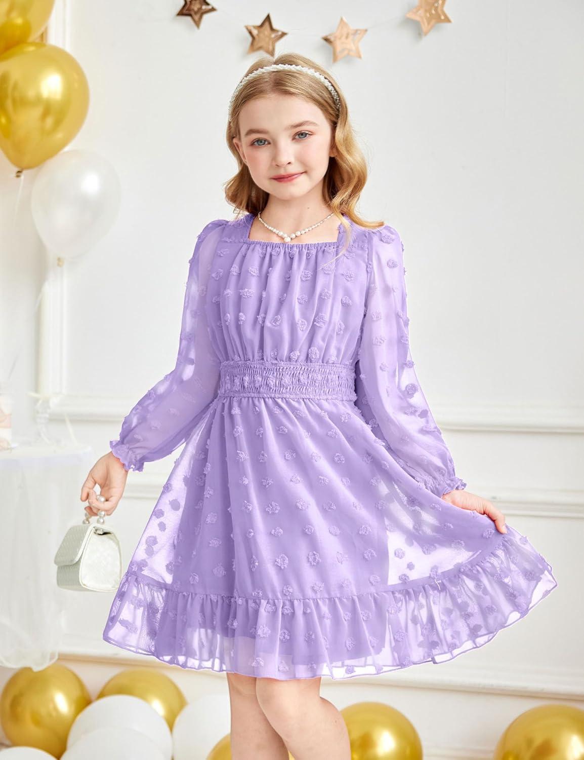 imageArshiner Girls Dresses Long Sleeve Square Neck Swiss Dot Flowy Casual Party DressPurple