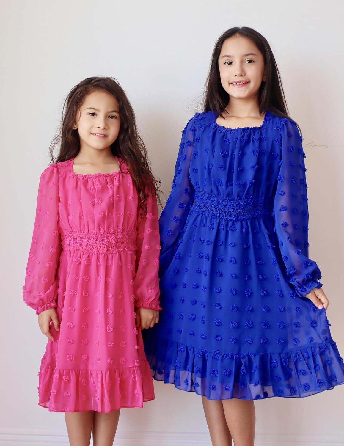 imageArshiner Girls Dresses Long Sleeve Square Neck Swiss Dot Flowy Casual Party DressRoyal Blue