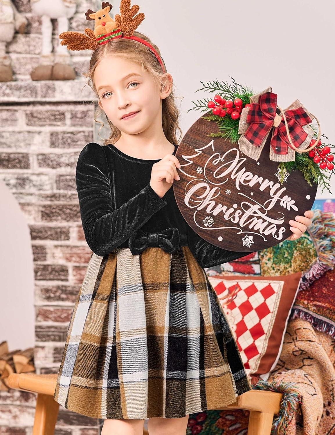 imageArshiner Girls Dresses Long Sleeve Velvet Plaid Patchwork Holiday Party Dress with PocketsBlack Brown Plaid