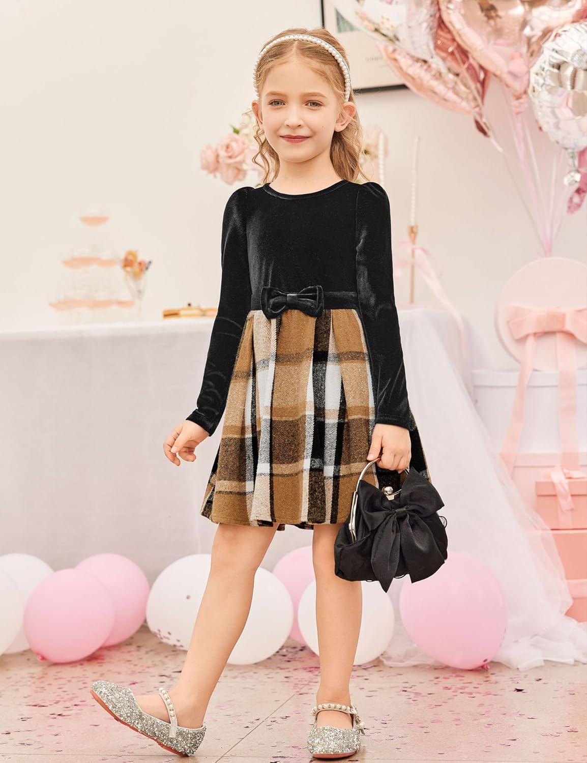 imageArshiner Girls Dresses Long Sleeve Velvet Plaid Patchwork Holiday Party Dress with PocketsBlack Brown Plaid