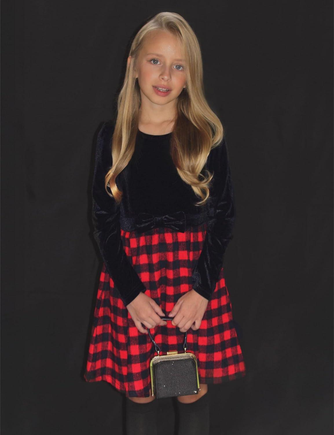 imageArshiner Girls Dresses Long Sleeve Velvet Plaid Patchwork Holiday Party Dress with PocketsBlack Red Plaid