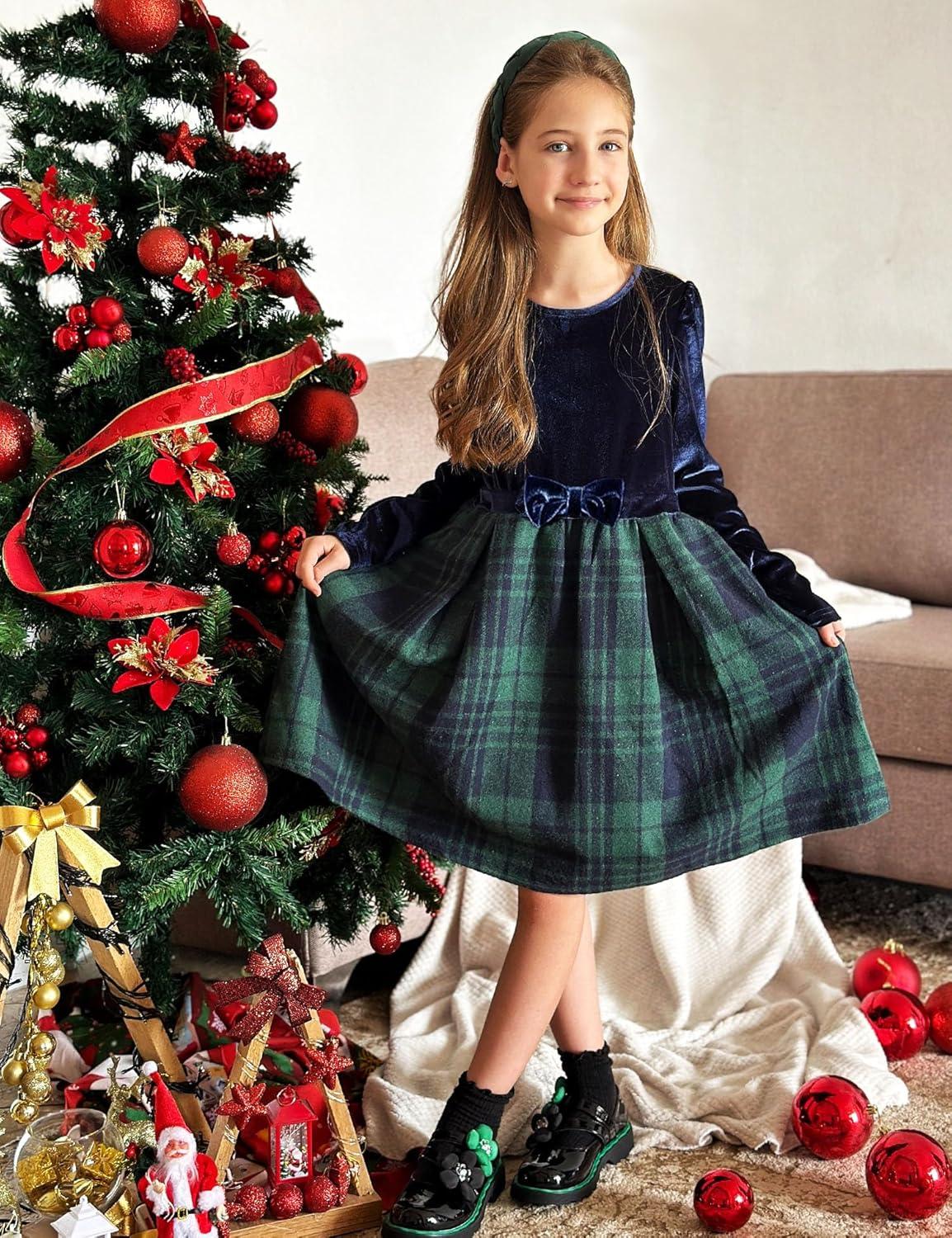 imageArshiner Girls Dresses Long Sleeve Velvet Plaid Patchwork Holiday Party Dress with PocketsNavy Blue Plaid